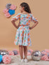 Girls White, blue and Orange Floral Printed Ruched Square Neck Short Sleeves Crop Top With Skirt (sk-whitefloral)