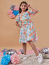 Girls White, blue and Orange Floral Printed Ruched Square Neck Short Sleeves Crop Top With Skirt (sk-whitefloral)