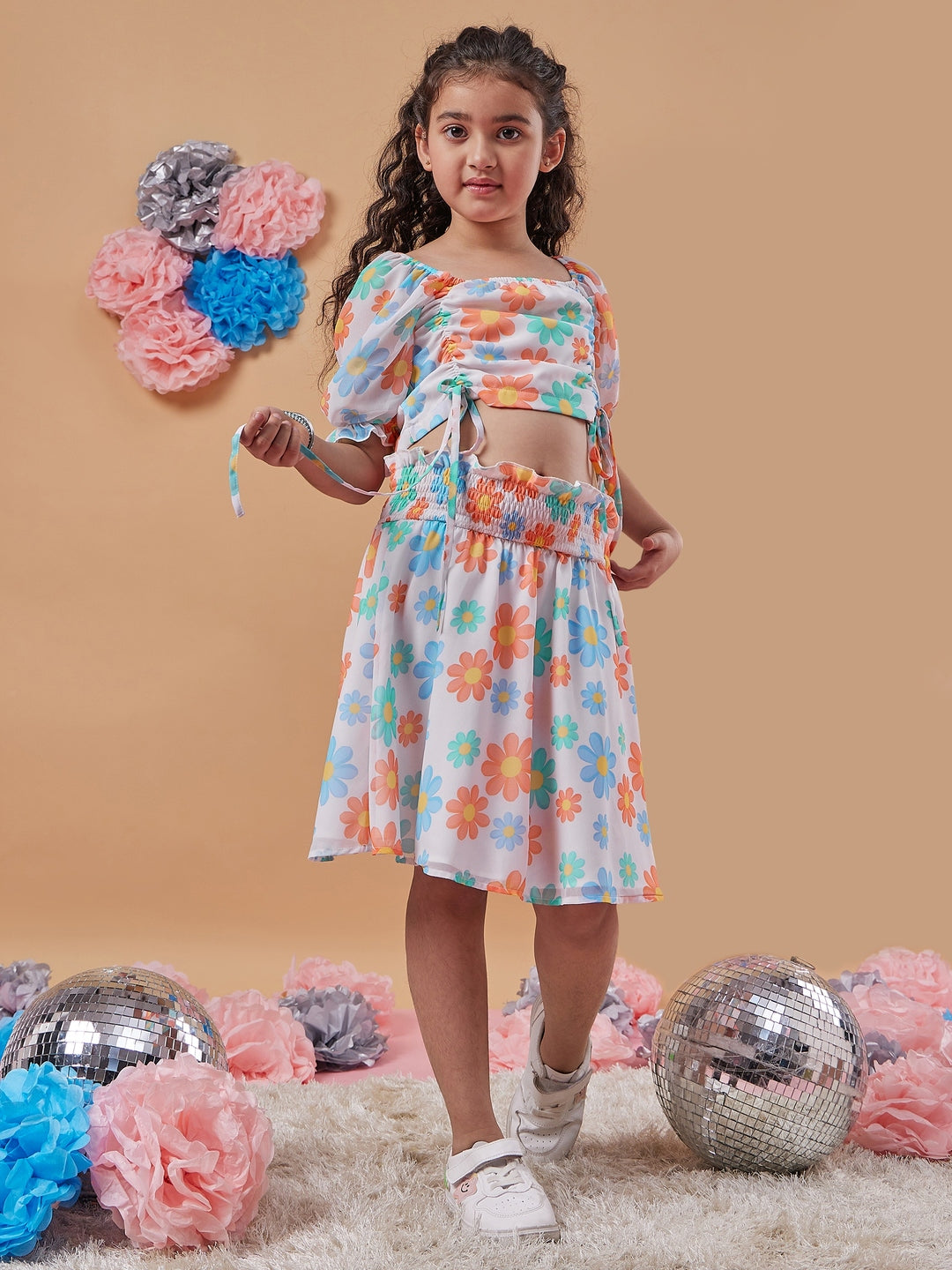 Girls White, blue and Orange Floral Printed Ruched Square Neck Short Sleeves Crop Top With Skirt (sk-whitefloral)