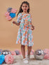 Girls White, blue and Orange Floral Printed Ruched Square Neck Short Sleeves Crop Top With Skirt (sk-whitefloral)
