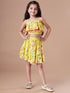 Girls Yellow and blue Checked shoulder straps Sleeveless Top with Skirt (sk-yellowflower)