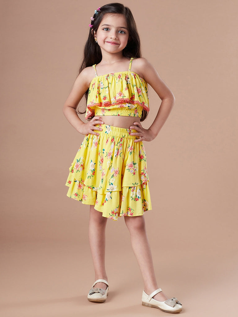 Girls Yellow and blue Checked shoulder straps Sleeveless Top with Skirt (sk-yellowflower)