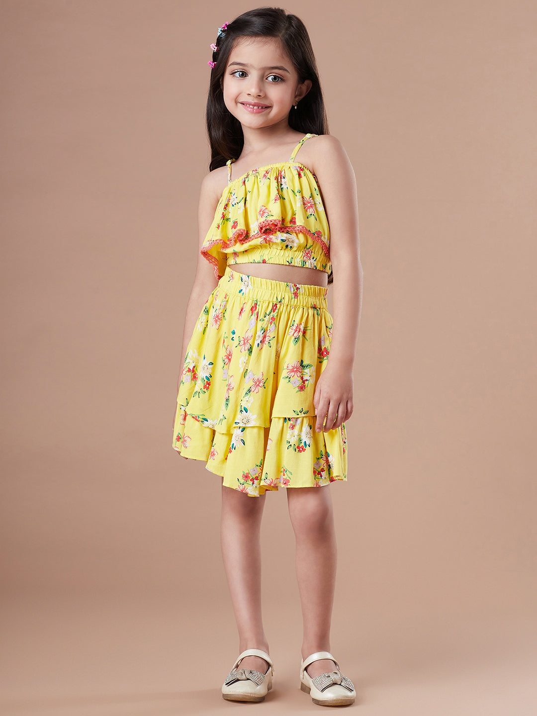Girls Yellow and blue Checked shoulder straps Sleeveless Top with Skirt (sk-yellowflower)