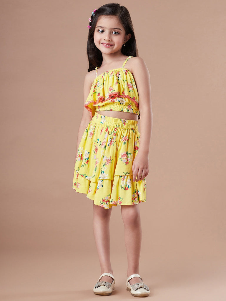 Girls Yellow and blue Checked shoulder straps Sleeveless Top with Skirt (sk-yellowflower)