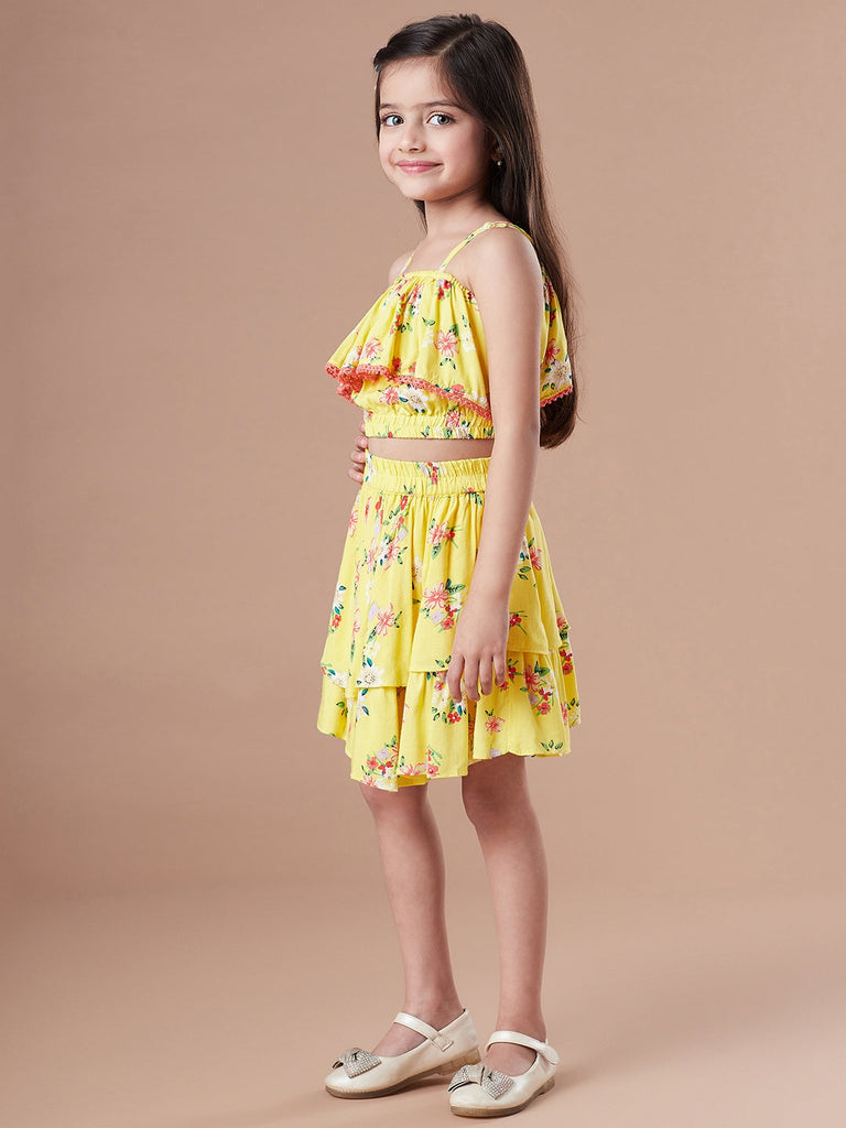 Girls Yellow and blue Checked shoulder straps Sleeveless Top with Skirt (sk-yellowflower)