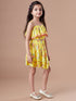 Girls Yellow and blue Checked shoulder straps Sleeveless Top with Skirt (sk-yellowflower)