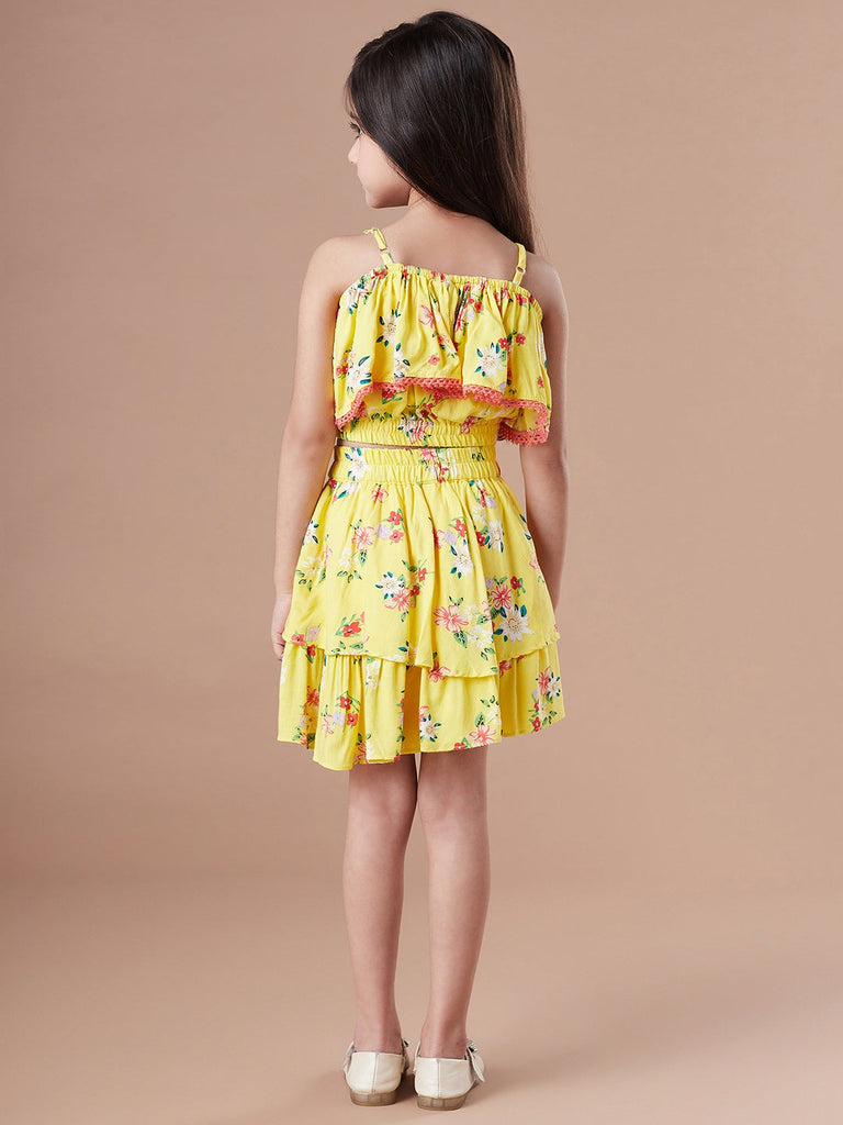 Girls Yellow and blue Checked shoulder straps Sleeveless Top with Skirt (sk-yellowflower)