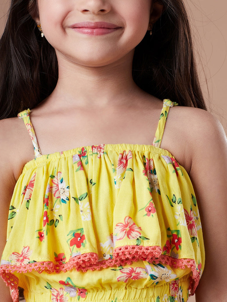 Girls Yellow and blue Checked shoulder straps Sleeveless Top with Skirt (sk-yellowflower)
