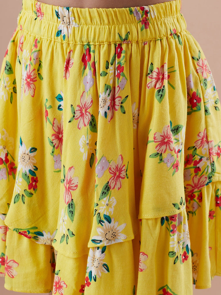 Girls Yellow and blue Checked shoulder straps Sleeveless Top with Skirt (sk-yellowflower)