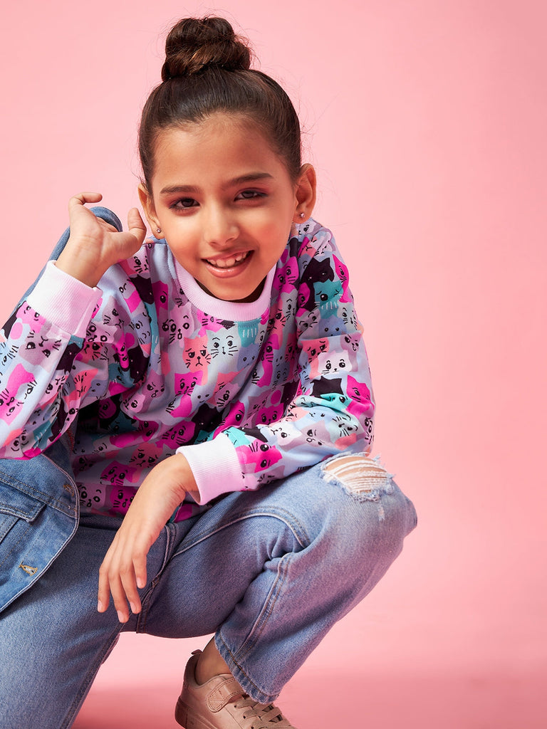 Girls Graphic Printed Pullover Sweatshirt (sw-cat)
