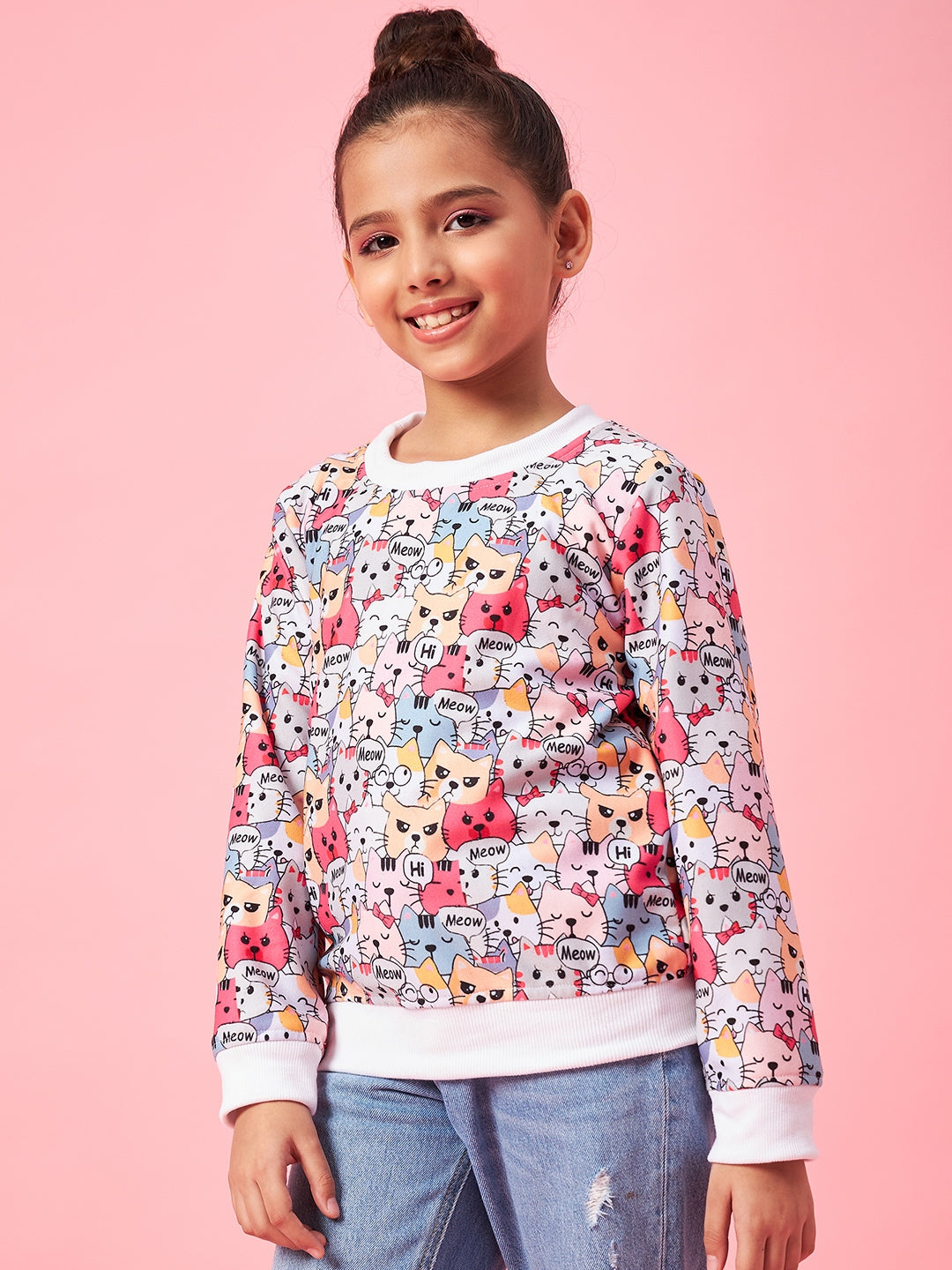 Girls Graphic Printed Pullover Sweatshirt (sw-multicat)