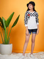 Girls Checked Round Neck Long Sleeves Applique Cotton Top (t-blackrose)