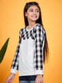 Girls Checked Round Neck Long Sleeves Applique Cotton Top (t-blackrose)