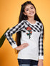Girls Checked Round Neck Long Sleeves Applique Cotton Top (t-blackrose)