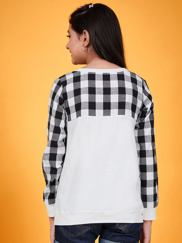 Girls Checked Round Neck Long Sleeves Applique Cotton Top (t-blackrose)