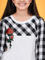 Girls Checked Round Neck Long Sleeves Applique Cotton Top (t-blackrose)