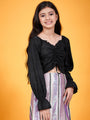 Girls Embellished Sweetheart Neck Puffed Sleeves Crop Ruched Top (t-blackshim)