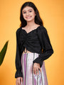 Girls Embellished Sweetheart Neck Puffed Sleeves Crop Ruched Top (t-blackshim)