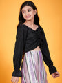 Girls Embellished Sweetheart Neck Puffed Sleeves Crop Ruched Top (t-blackshim)