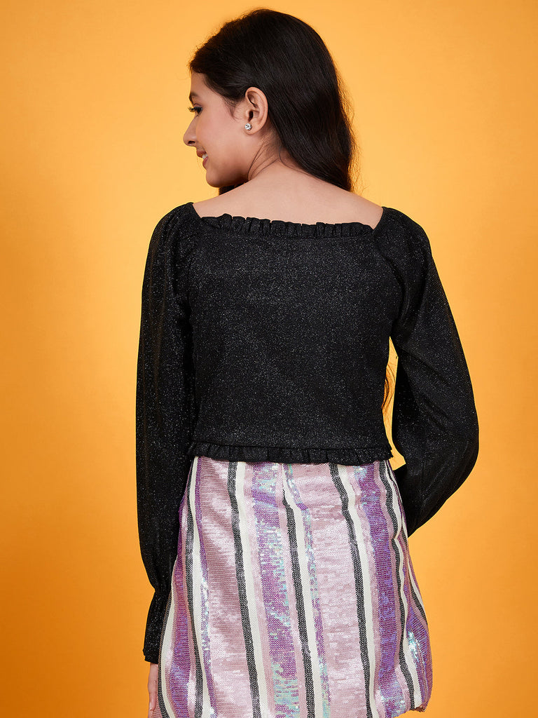 Girls Embellished Sweetheart Neck Puffed Sleeves Crop Ruched Top (t-blackshim)
