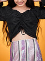 Girls Embellished Sweetheart Neck Puffed Sleeves Crop Ruched Top (t-blackshim)