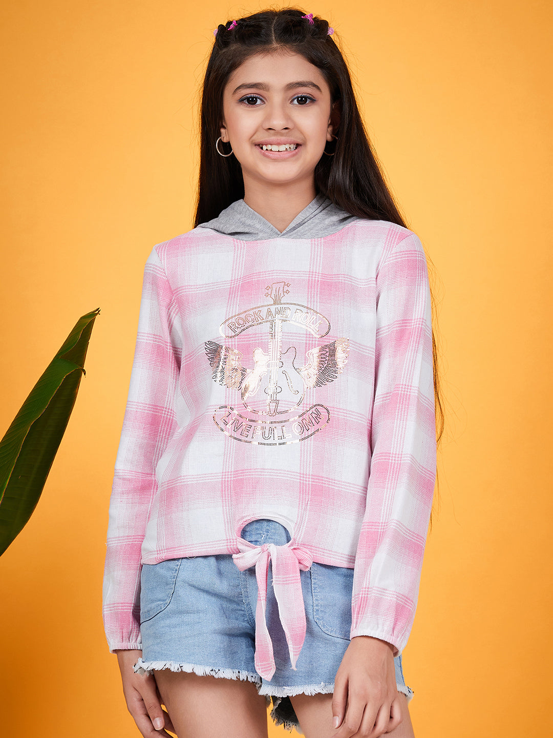 Checked Hooded Long Sleeves Tie-Ups Cotton Shirt Style Top (t-pinkhoodie)