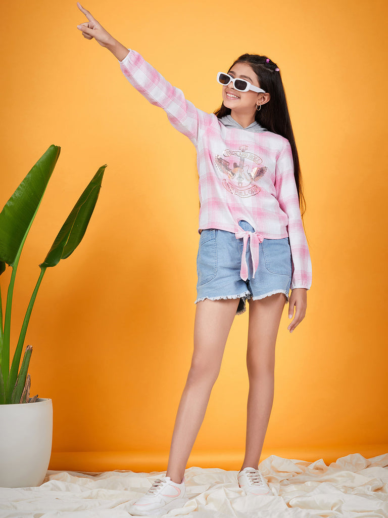 Checked Hooded Long Sleeves Tie-Ups Cotton Shirt Style Top (t-pinkhoodie)