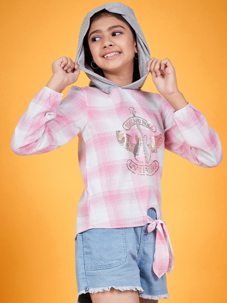 Checked Hooded Long Sleeves Tie-Ups Cotton Shirt Style Top (t-pinkhoodie)