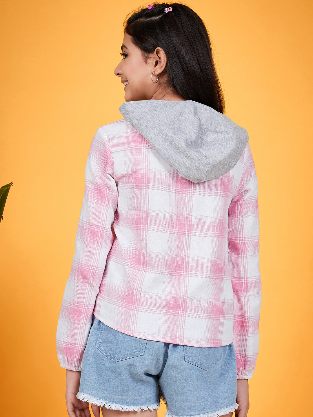 Checked Hooded Long Sleeves Tie-Ups Cotton Shirt Style Top (t-pinkhoodie)