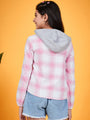 Checked Hooded Long Sleeves Tie-Ups Cotton Shirt Style Top (t-pinkhoodie)
