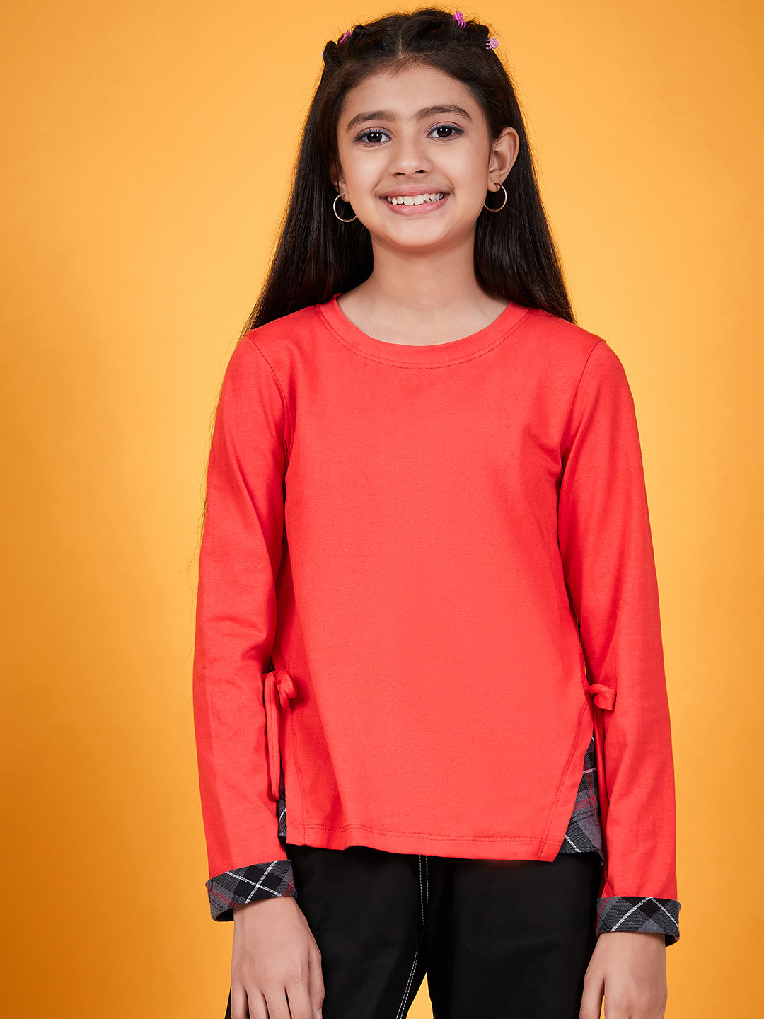 Girls Round Neck Tie-Ups Cotton High-Low Top (t-redcheck)