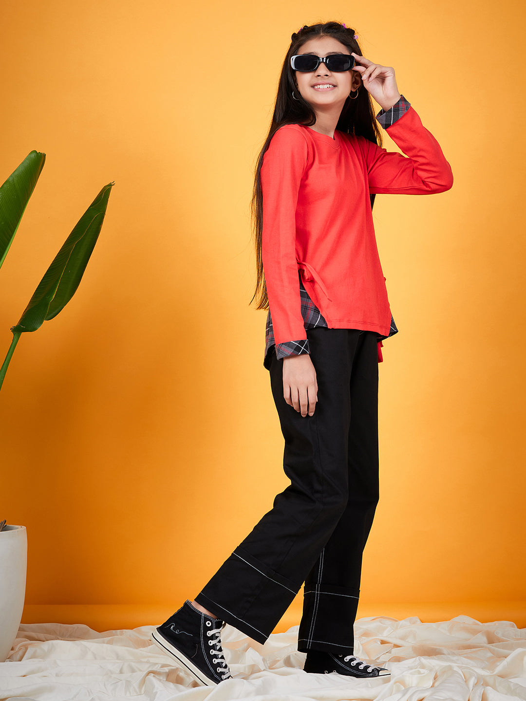 Girls Round Neck Tie-Ups Cotton High-Low Top (t-redcheck)