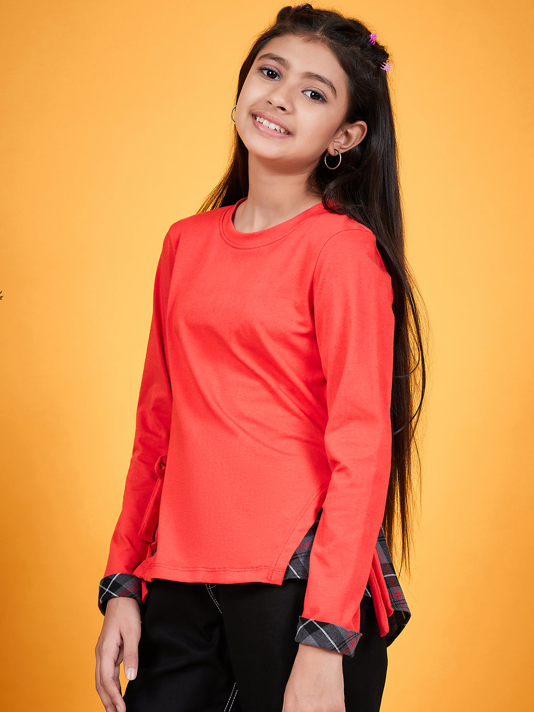 Girls Round Neck Tie-Ups Cotton High-Low Top (t-redcheck)