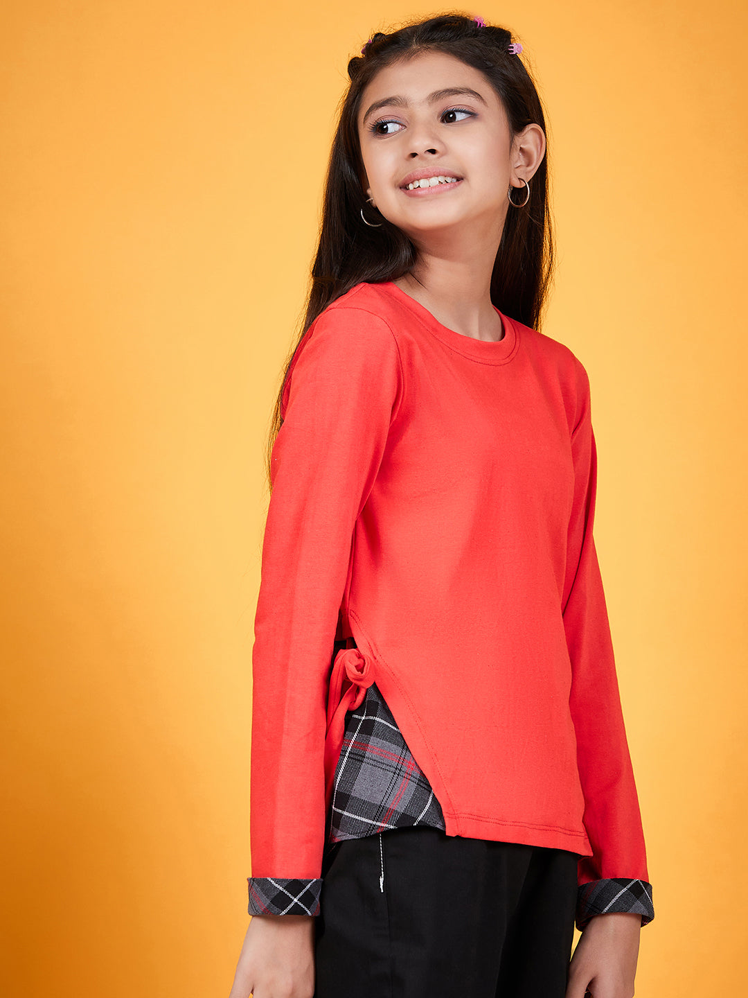 Girls Round Neck Tie-Ups Cotton High-Low Top (t-redcheck)
