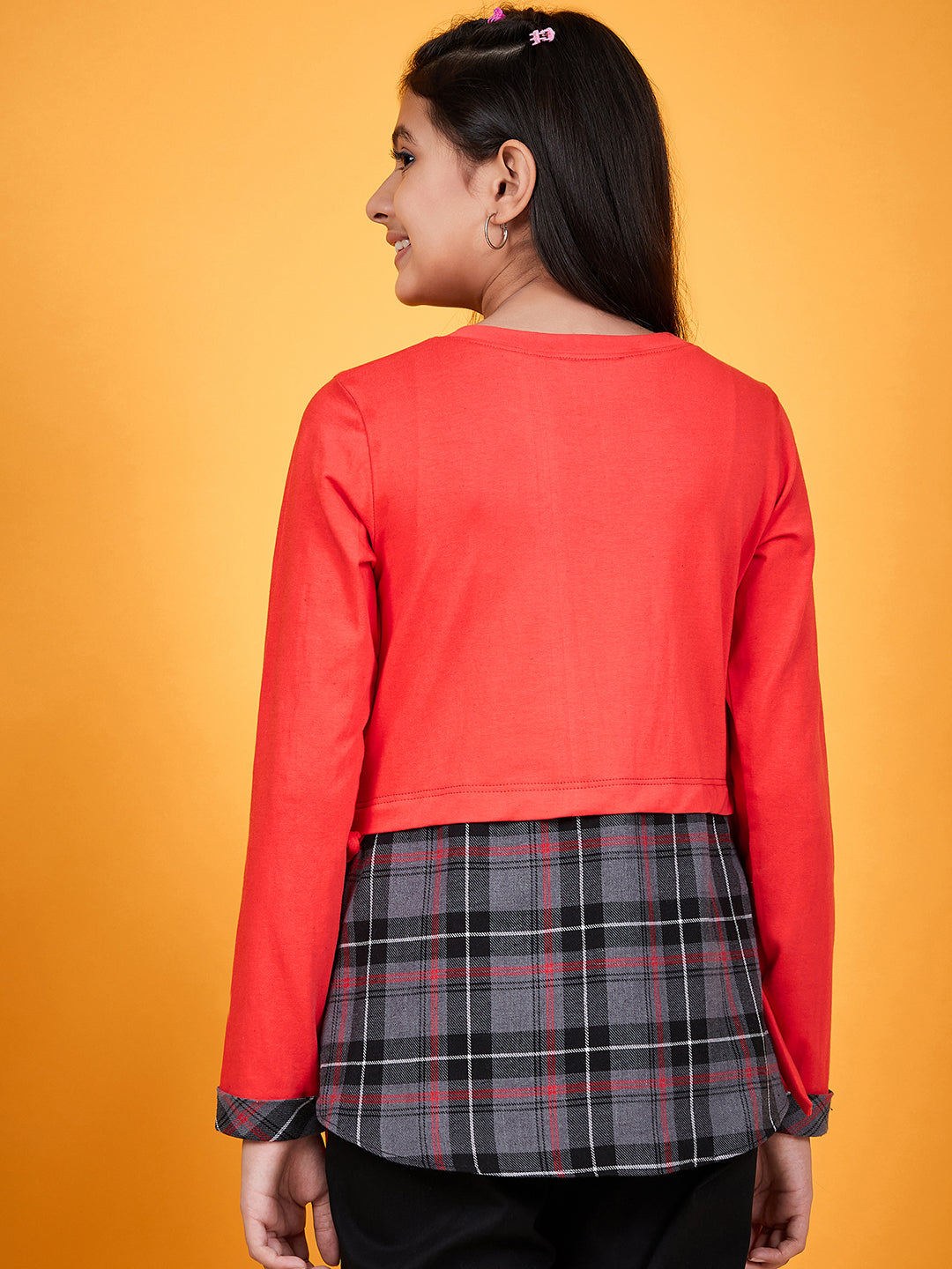 Girls Round Neck Tie-Ups Cotton High-Low Top (t-redcheck)