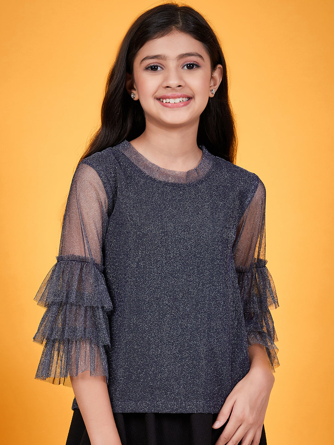 Shimmer Round Neck Layered Sleeves Regular Top (t-shimblue)