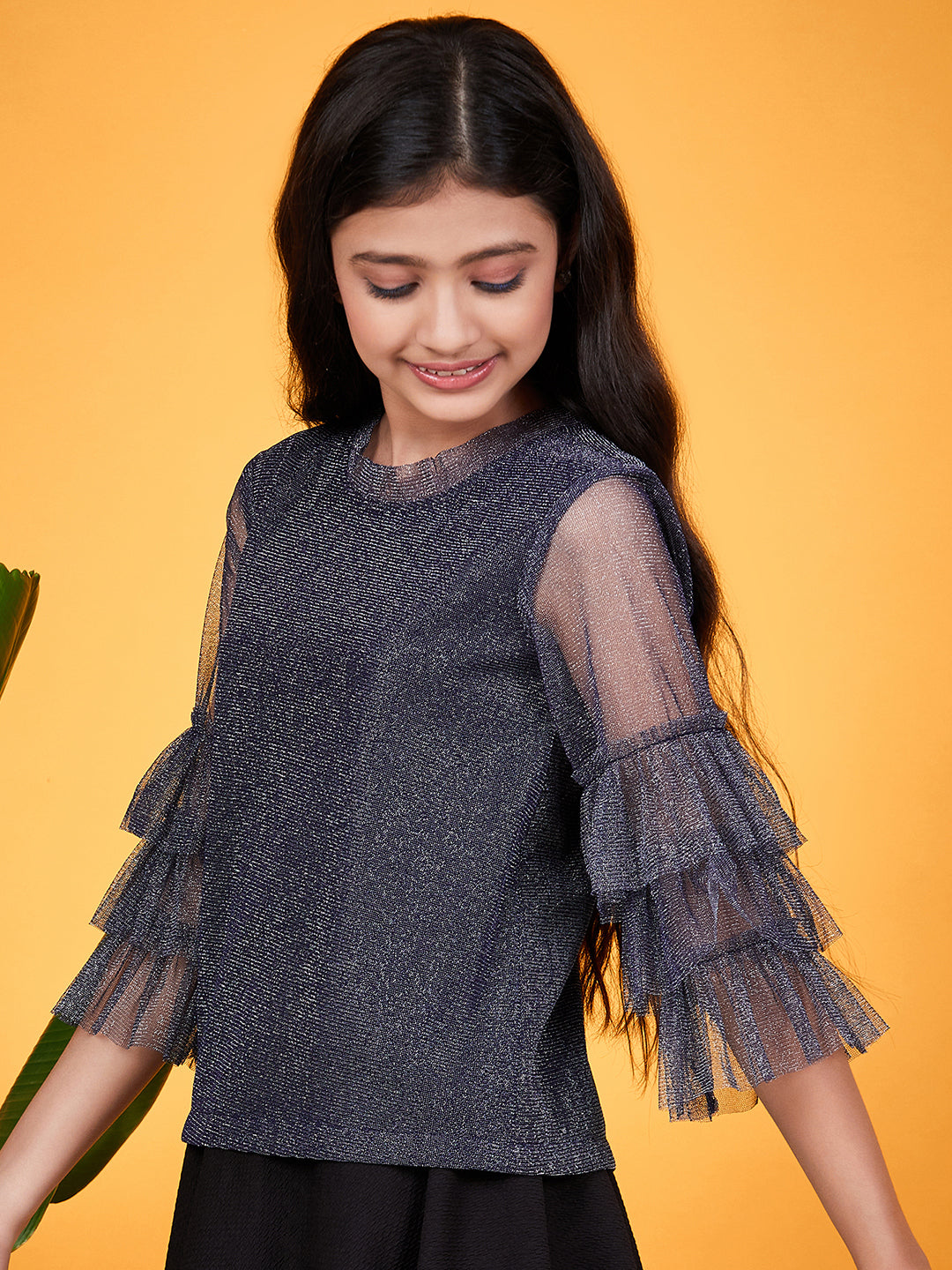 Shimmer Round Neck Layered Sleeves Regular Top (t-shimblue)