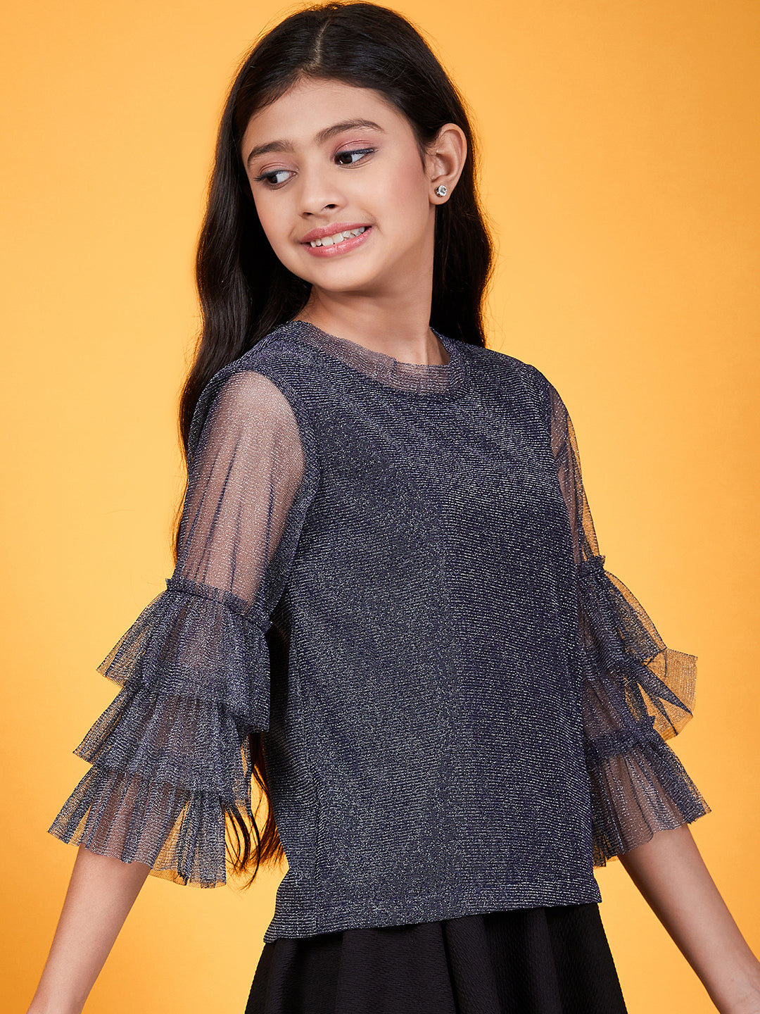 Shimmer Round Neck Layered Sleeves Regular Top (t-shimblue)