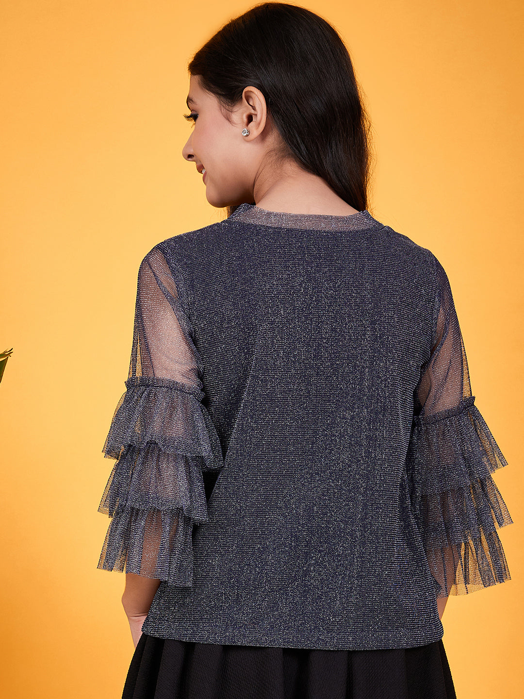 Shimmer Round Neck Layered Sleeves Regular Top (t-shimblue)