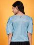 Girls Shimmer Round Neck Puff Sleeves Top (t-turqshim)