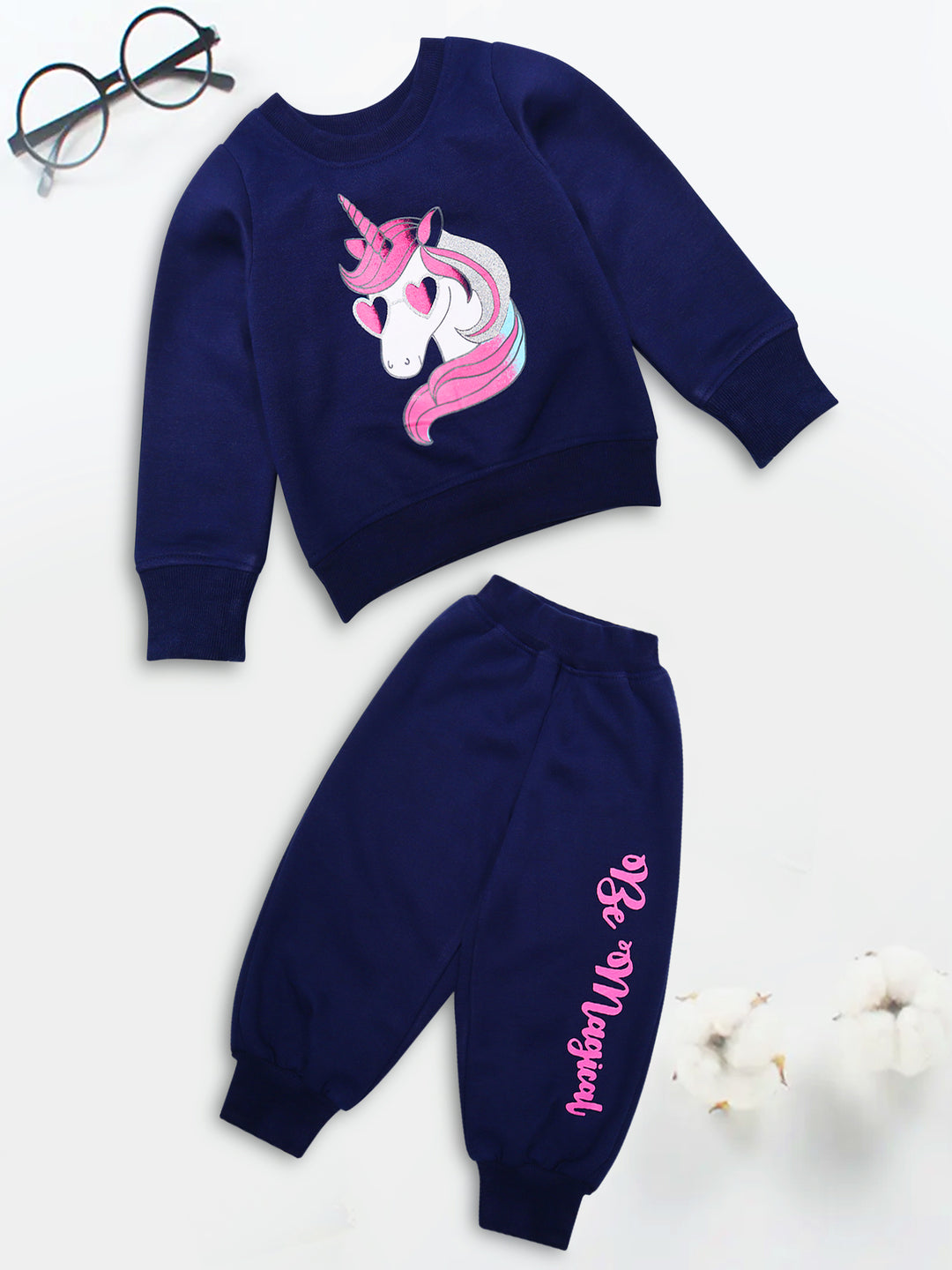 Girls Navy Blue Pink Printed T-Shirt With Pyjamas (TS-NAVY)
