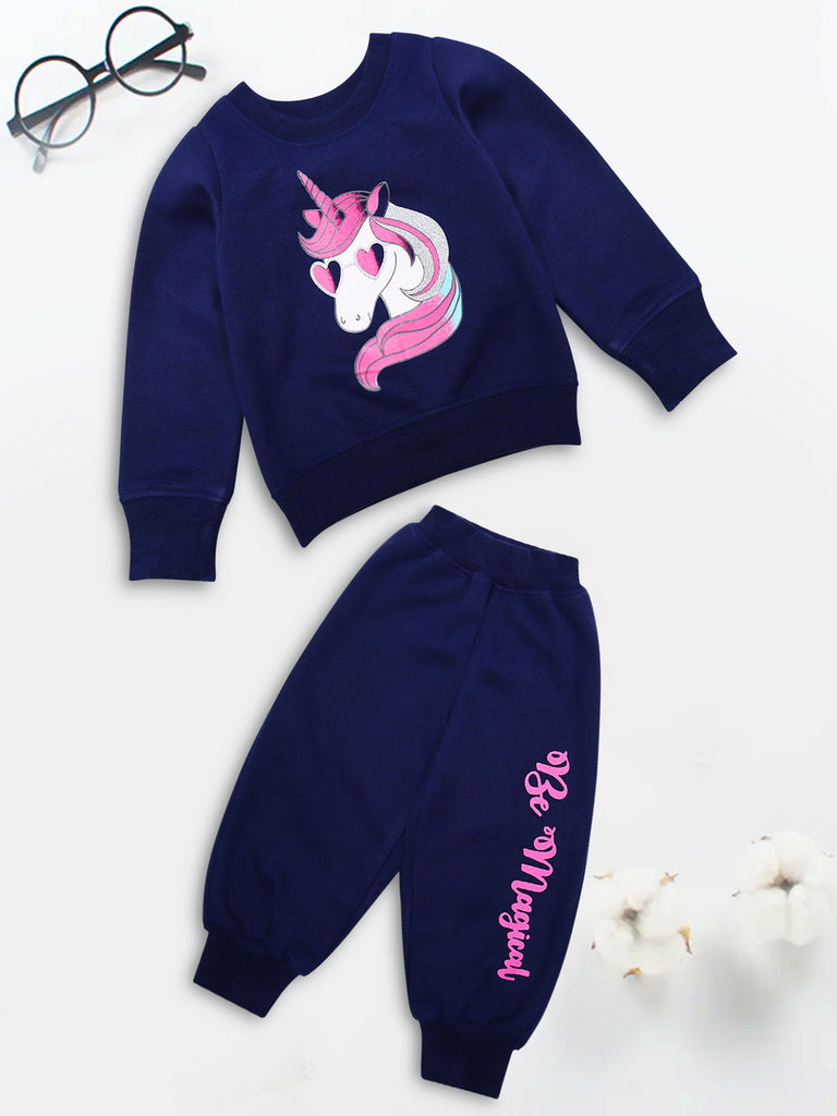 Girls Navy Blue Pink Printed T-Shirt With Pyjamas (TS-NAVY)