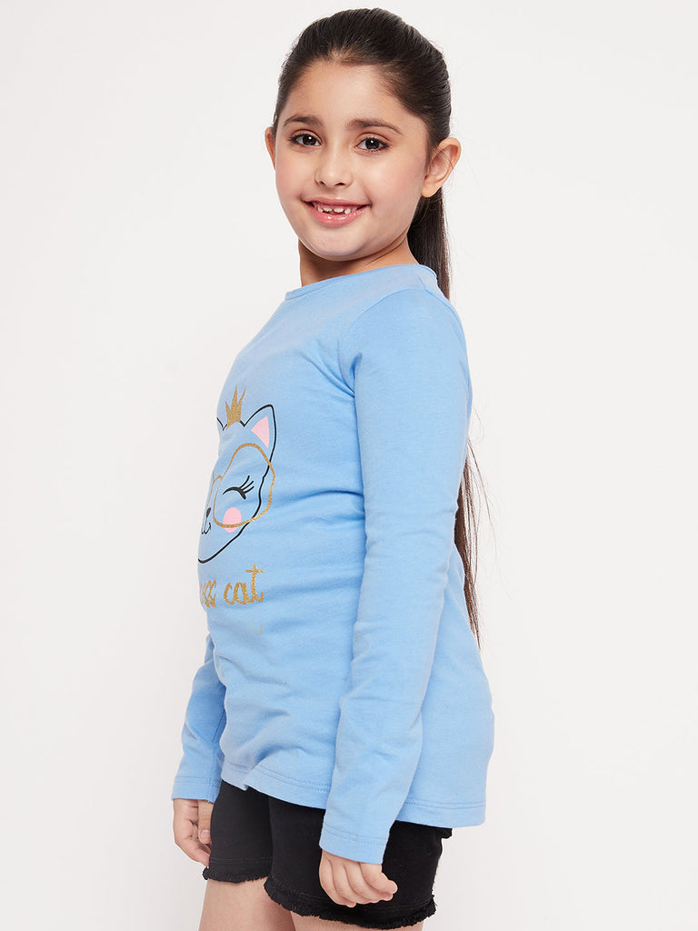 Girls Graphic Printed Long Sleeves Relaxed Fit Cotton T-Shirt (tt-bluekitty)
