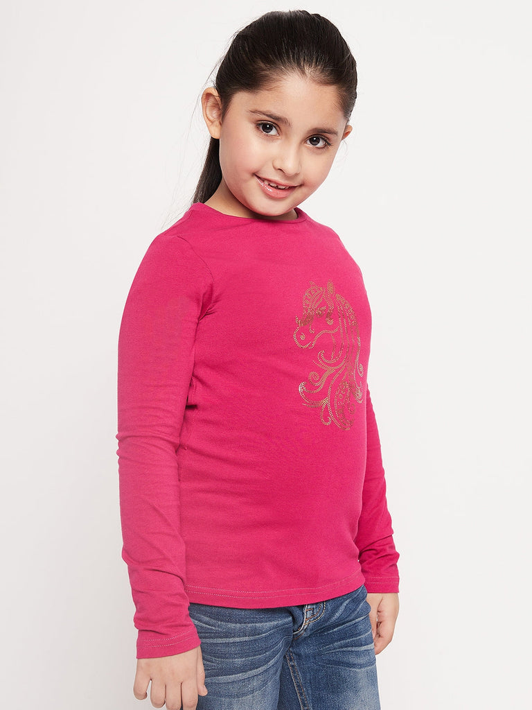 Girls Graphic Printed Long Sleeves Relaxed Fit Cotton T-Shirt (tt-magentauni)