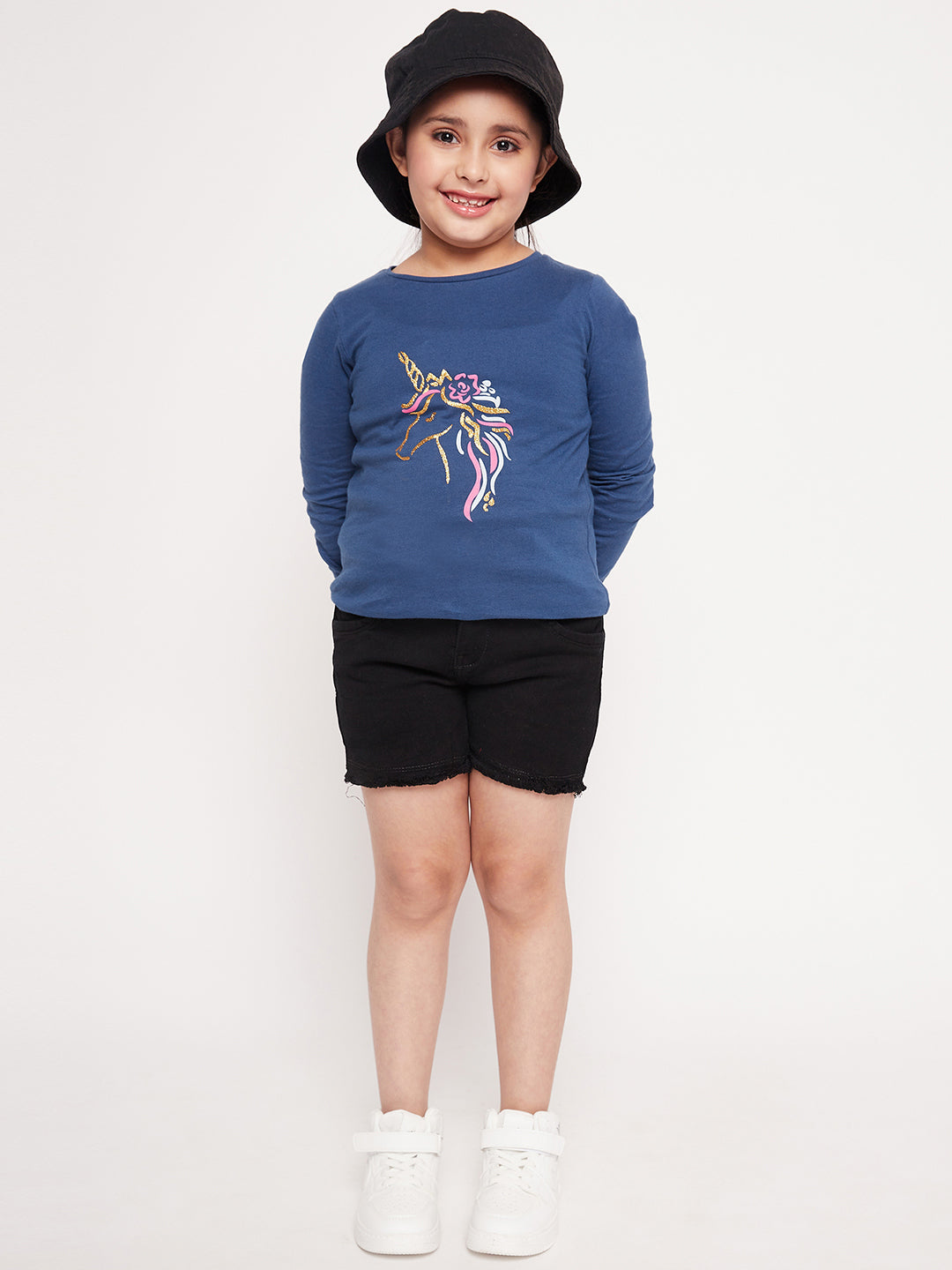 Girls Graphic Printed Cotton T-Shirt (tt-navyunicorn)
