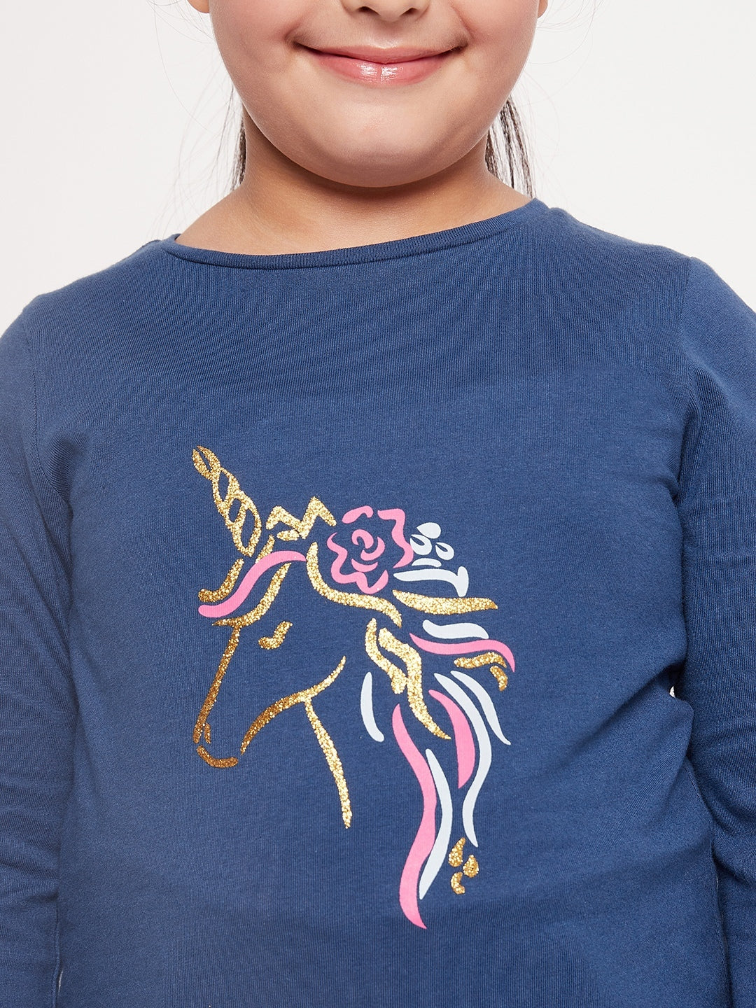 Girls Graphic Printed Cotton T-Shirt (tt-navyunicorn)